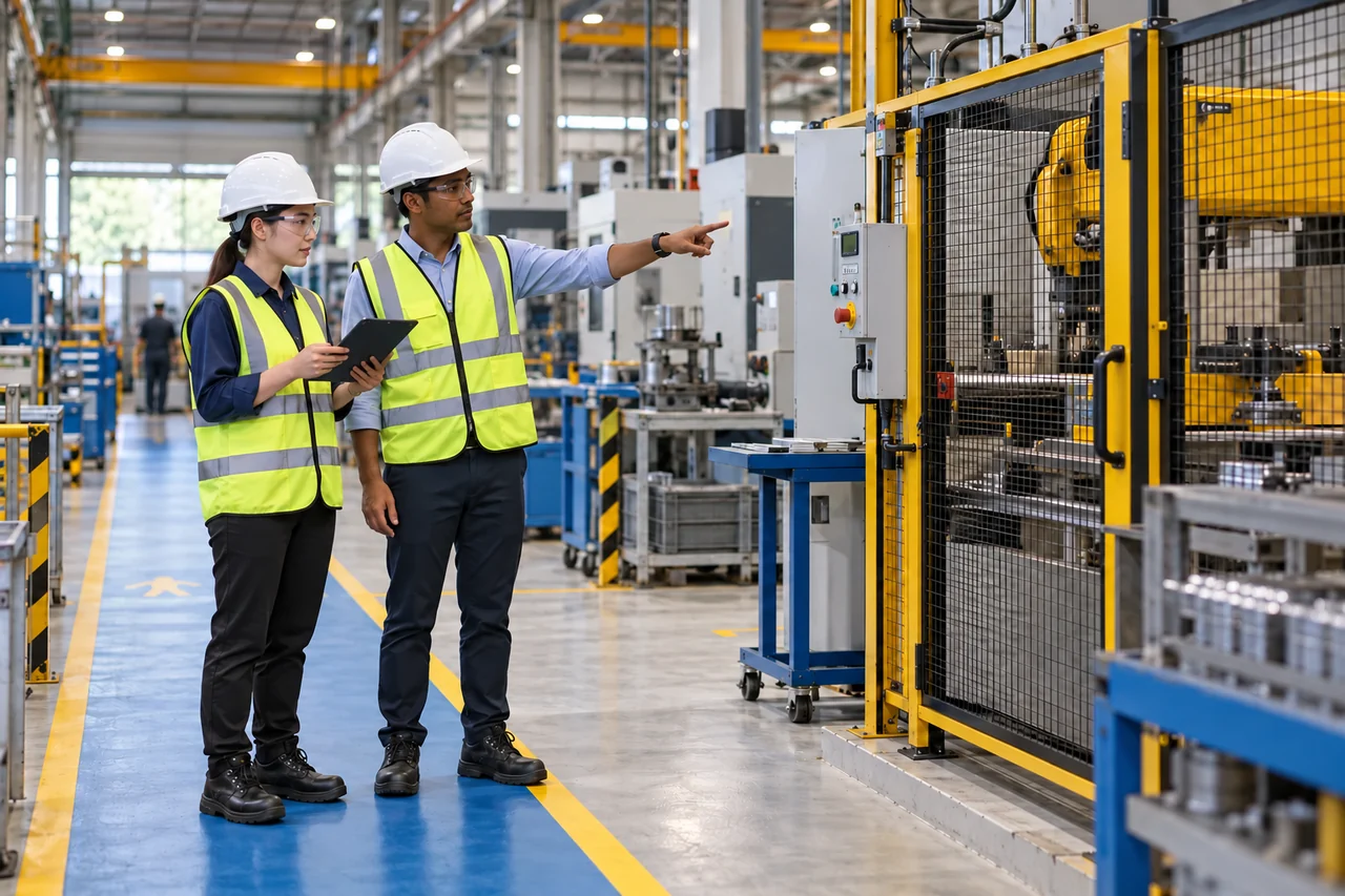 Safety consultants identifying workplace hazards in a manufacturing facility