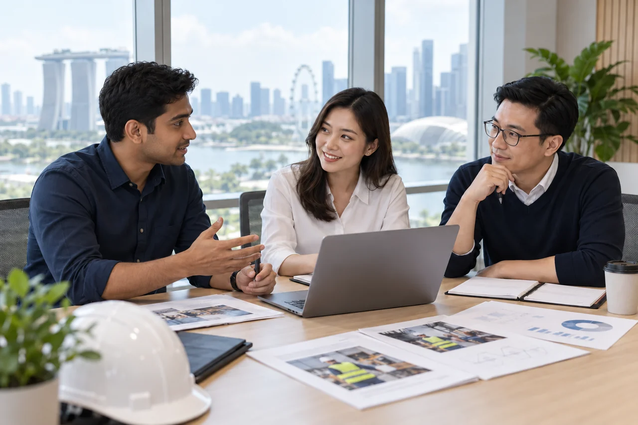 Professionals discussing workplace safety documentation in a meeting room
