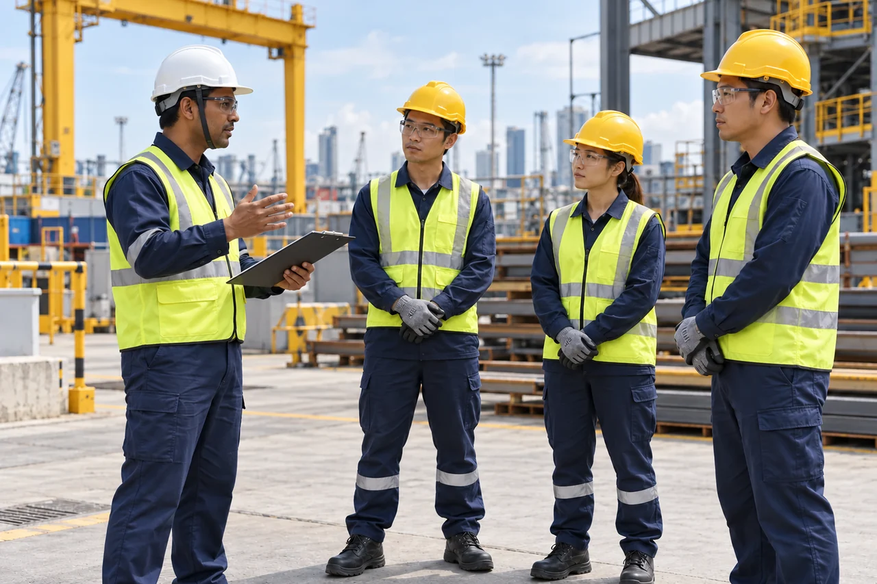 Safety supervisor leading a toolbox briefing with site workers