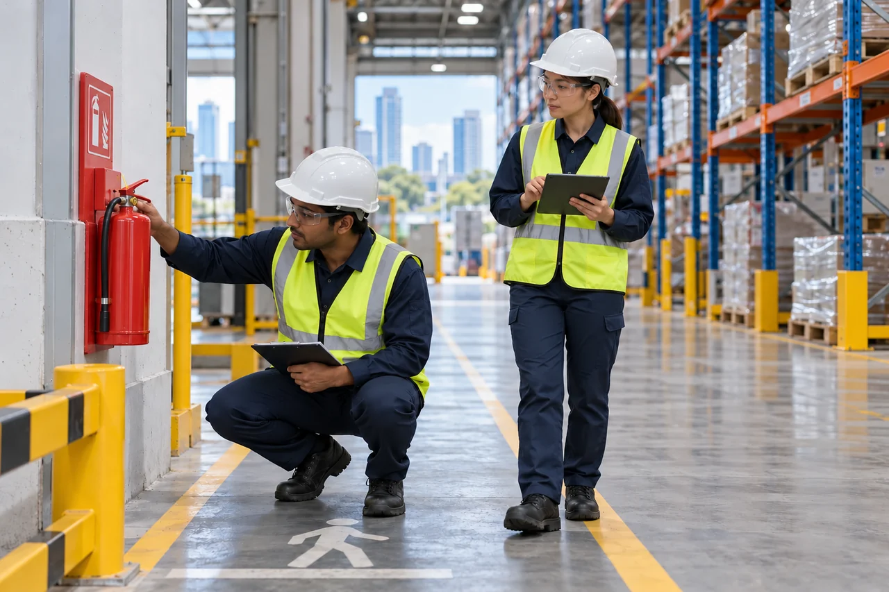 HSE consultants checking a fire safety station in a warehouse
